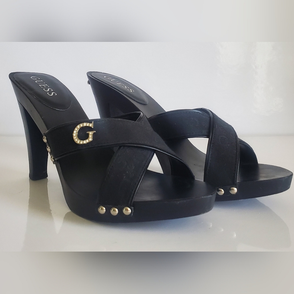 Guess Santino Monogrammed Rhinestone G Cross Over Black Wood Heel Mule Sandal